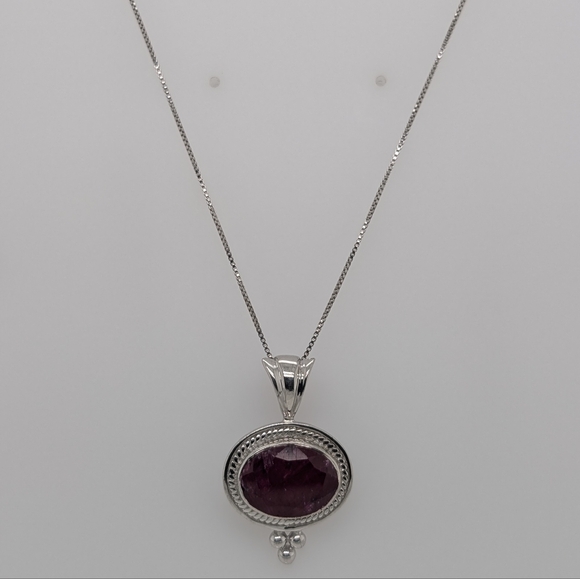 Sterling Silver & Ruby Stone Pendant Paired w/ Silver Chain - Picture 3 of 8